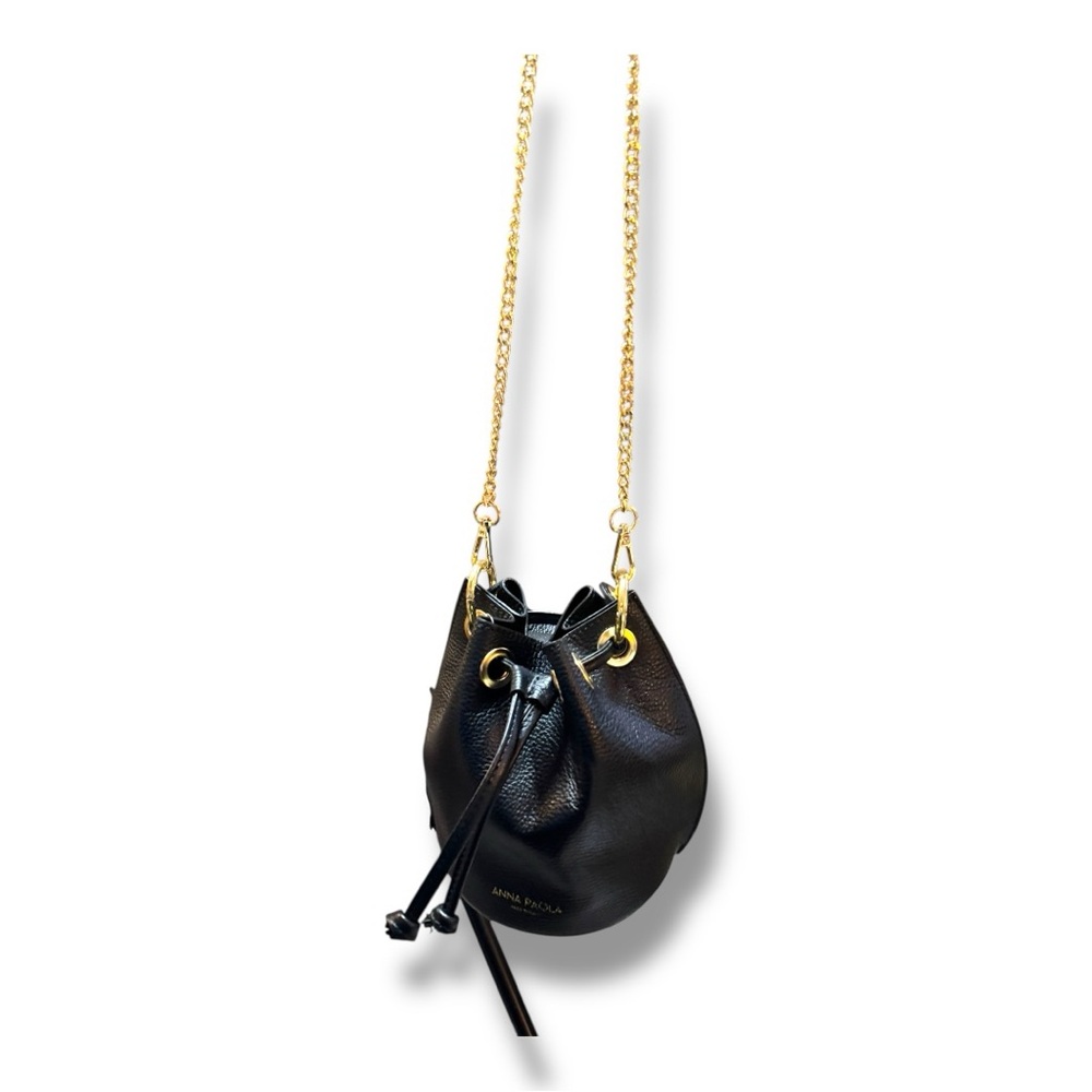 ANNA PAOLA Black Leather Mini Bucket Bag with Gold Chain - Picture 5 of 9